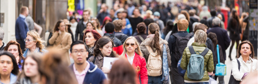 A busy high street in the daytime
